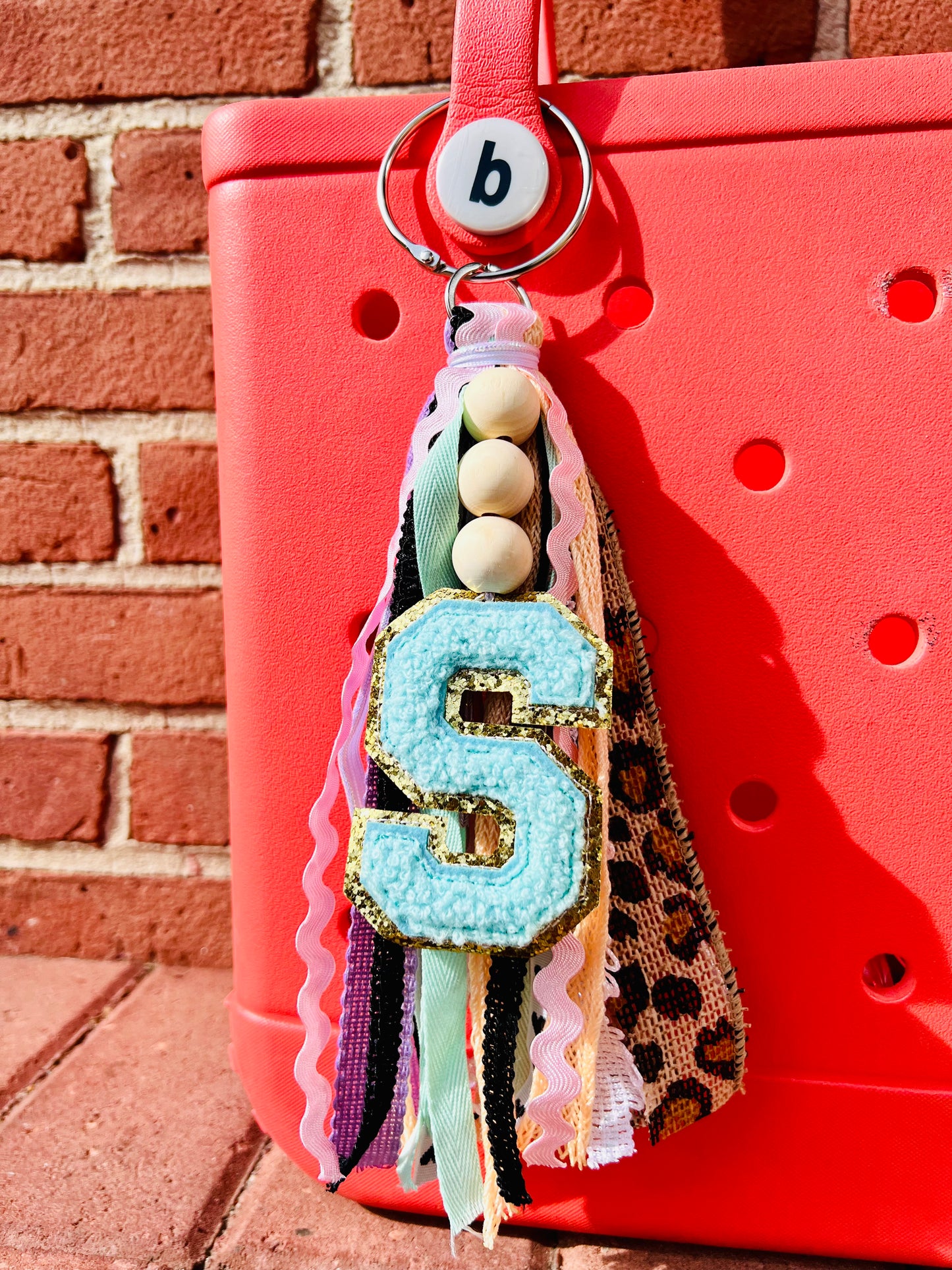 Custom Initial with Wooden Beads Pastel and Leopard Tassels!! Bogg Bag Tag, Simply Southern Accessories, Bogg Bag Tag