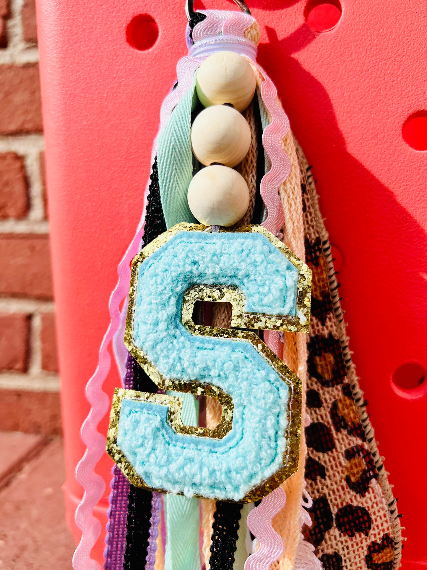 Custom Initial with Wooden Beads Pastel and Leopard Tassels!! Bogg Bag Tag, Simply Southern Accessories, Bogg Bag Tag