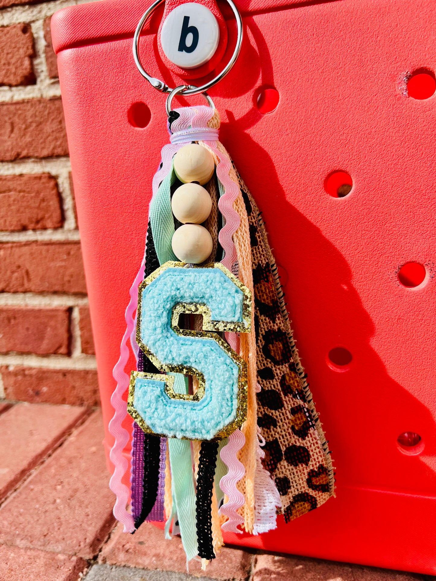 Custom Initial with Wooden Beads Pastel and Leopard Tassels!! Bogg Bag Tag, Simply Southern Accessories, Bogg Bag Tag