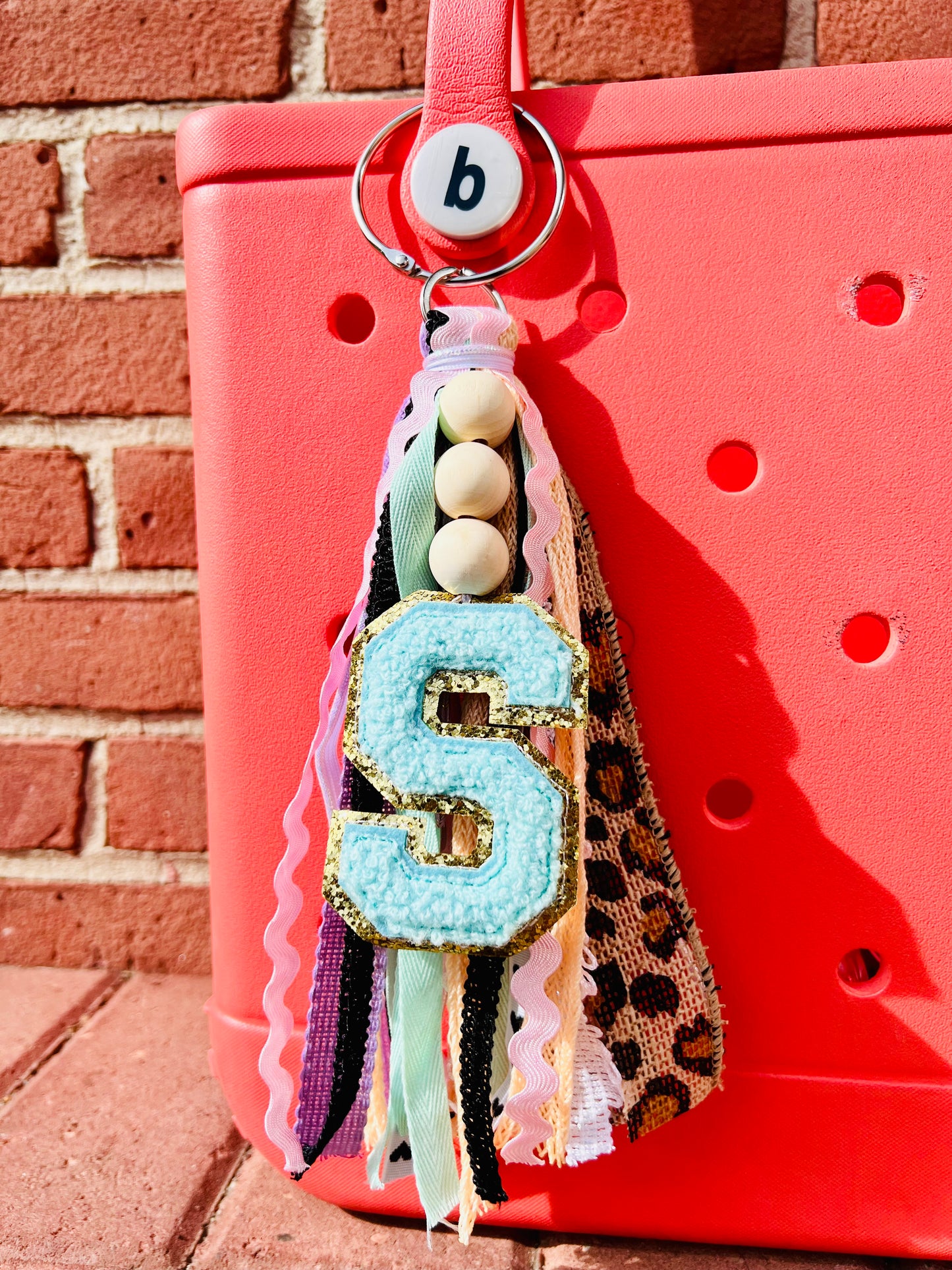 Custom Initial with Wooden Beads Pastel and Leopard Tassels!! Bogg Bag Tag, Simply Southern Accessories, Bogg Bag Tag