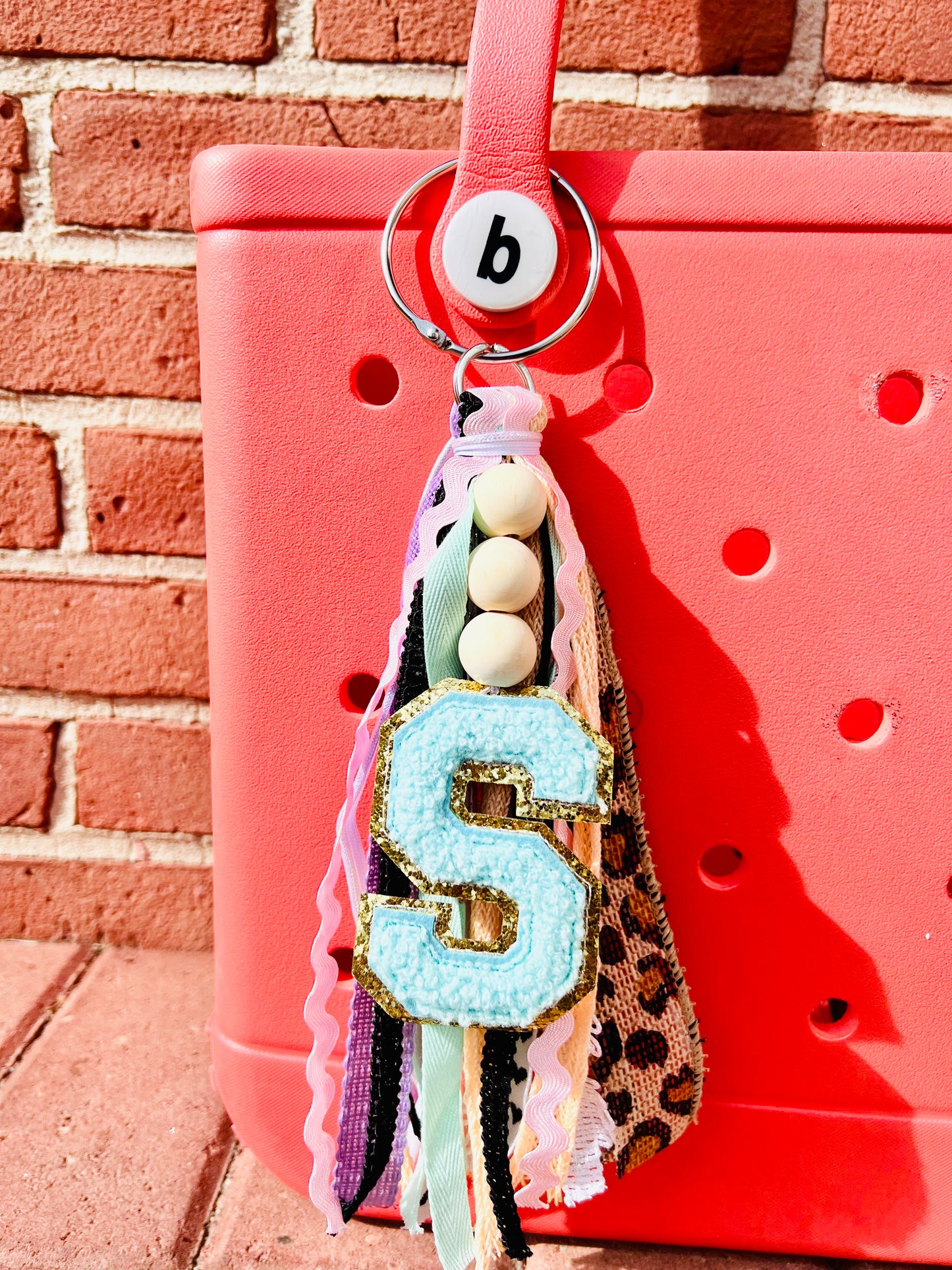 Custom Initial with Wooden Beads Pastel and Leopard Tassels!! Bogg Bag Tag, Simply Southern Accessories, Bogg Bag Tag