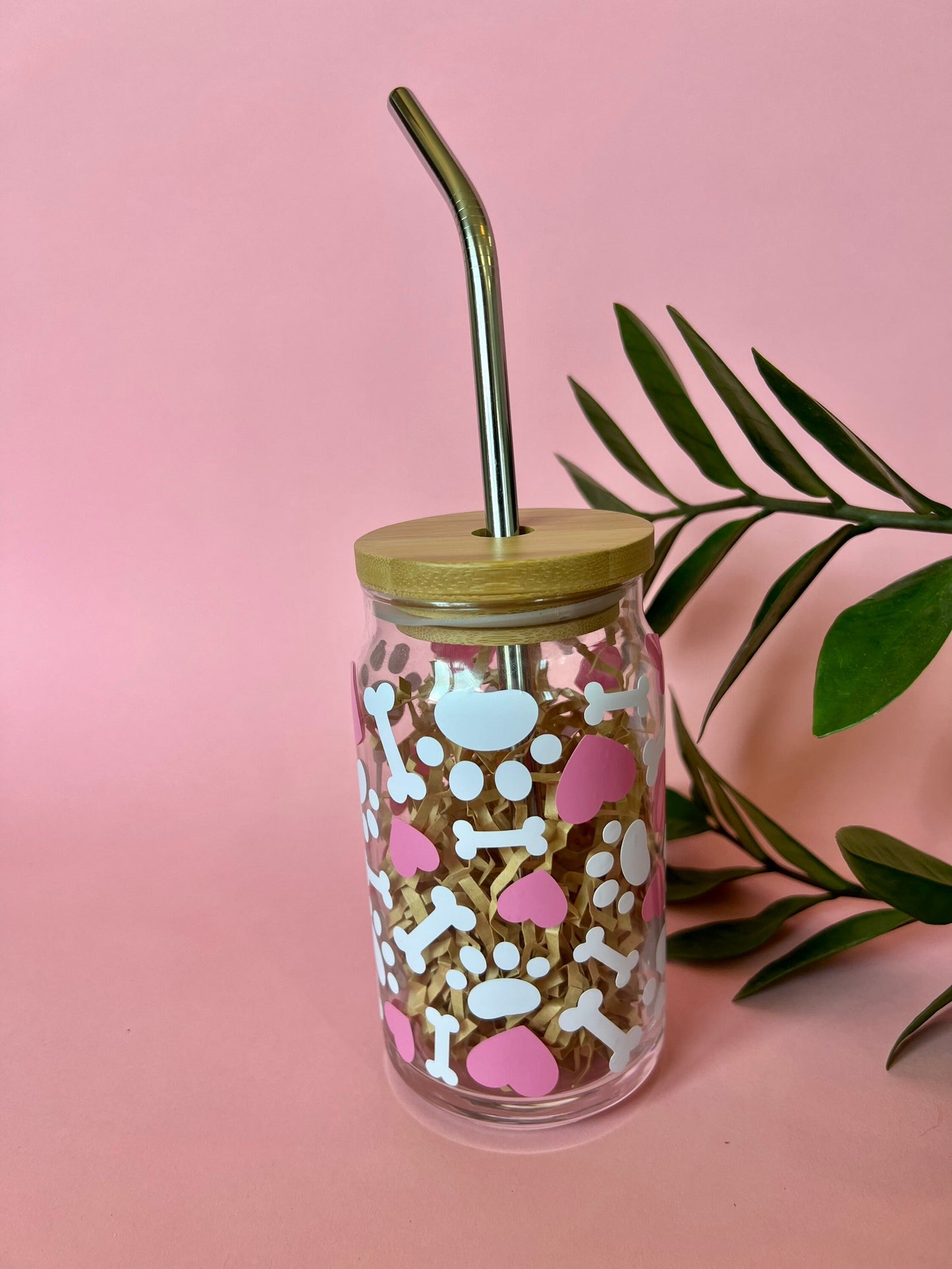Paw Print and Hearts, Ice Coffee Glass with Bamboo Straw and Lid, Dog Lover, Pet Owner Gifts