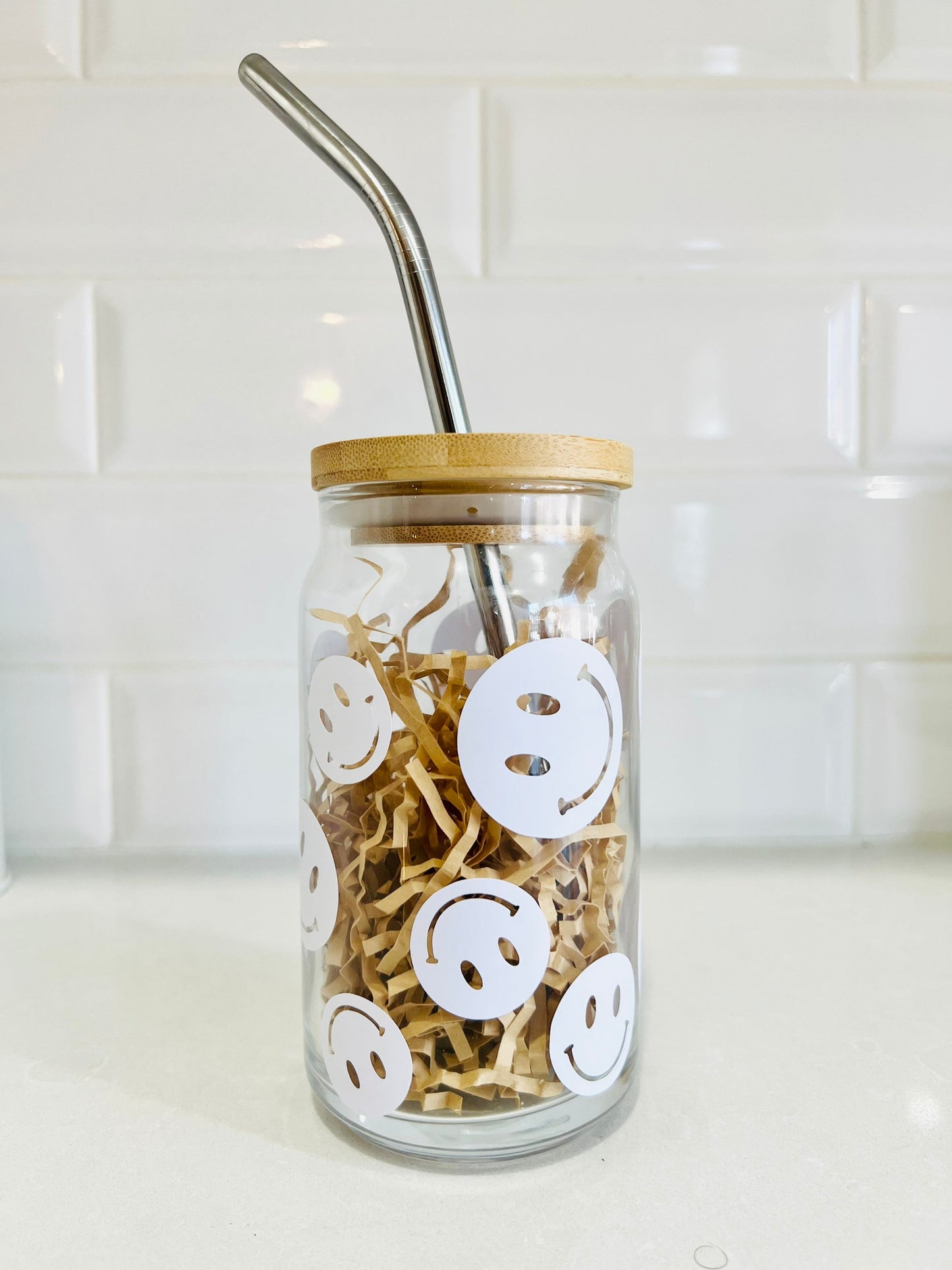 Smiley Face Iced Coffee Glass Cup with Bamboo Lid and Reusable metal straw!