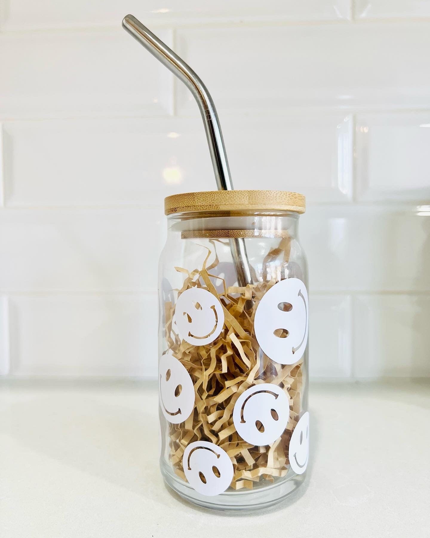 Smiley Face Iced Coffee Glass Cup with Bamboo Lid and Reusable metal straw!