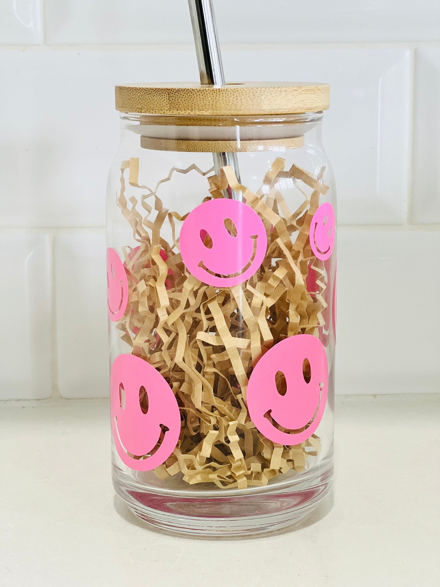 Smiley Face Iced Coffee Glass Cup with Bamboo Lid and Reusable metal straw!