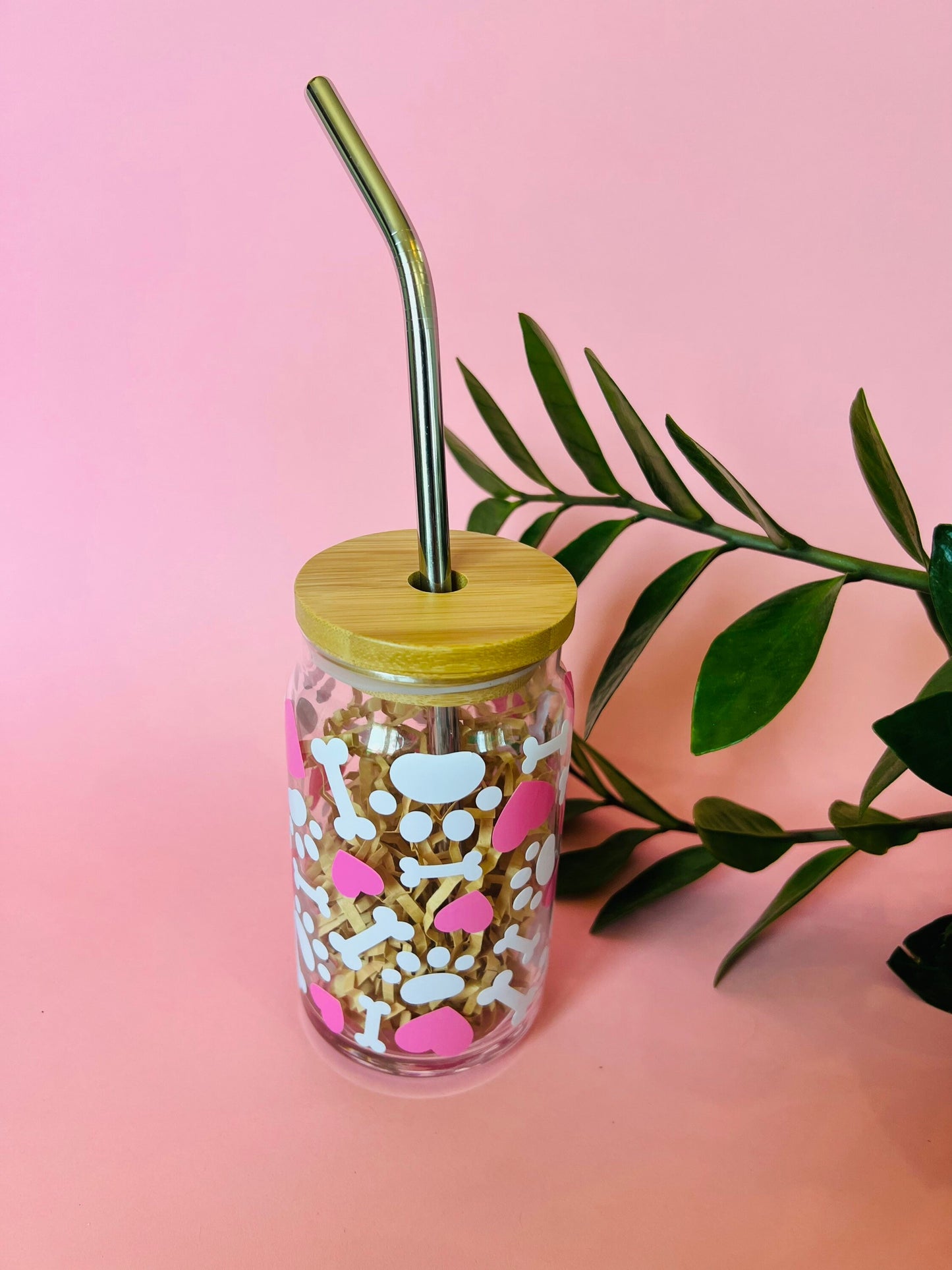 Paw Print and Hearts, Ice Coffee Glass with Bamboo Straw and Lid, Dog Lover, Pet Owner Gifts