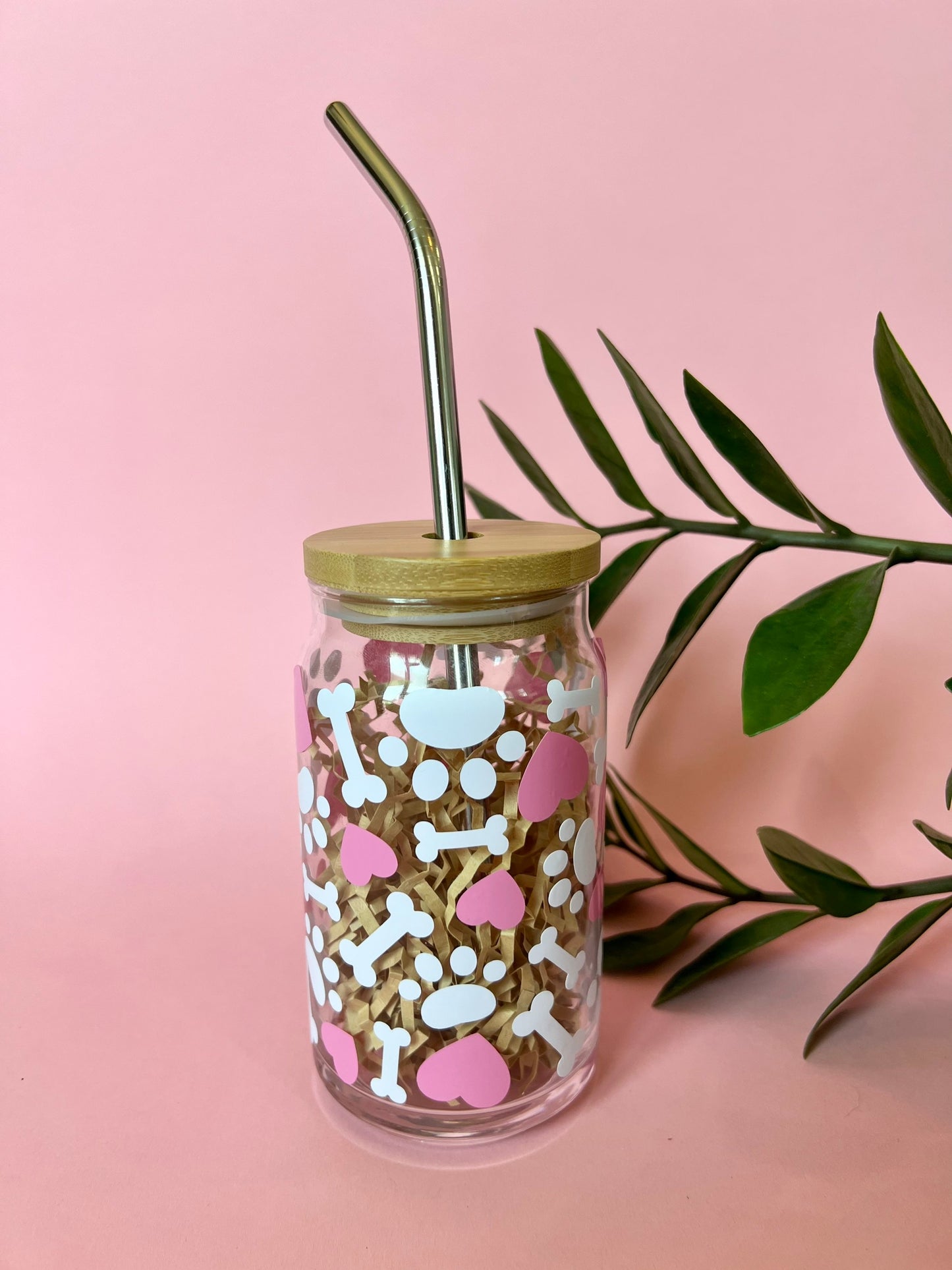 Paw Print and Hearts, Ice Coffee Glass with Bamboo Straw and Lid, Dog Lover, Pet Owner Gifts