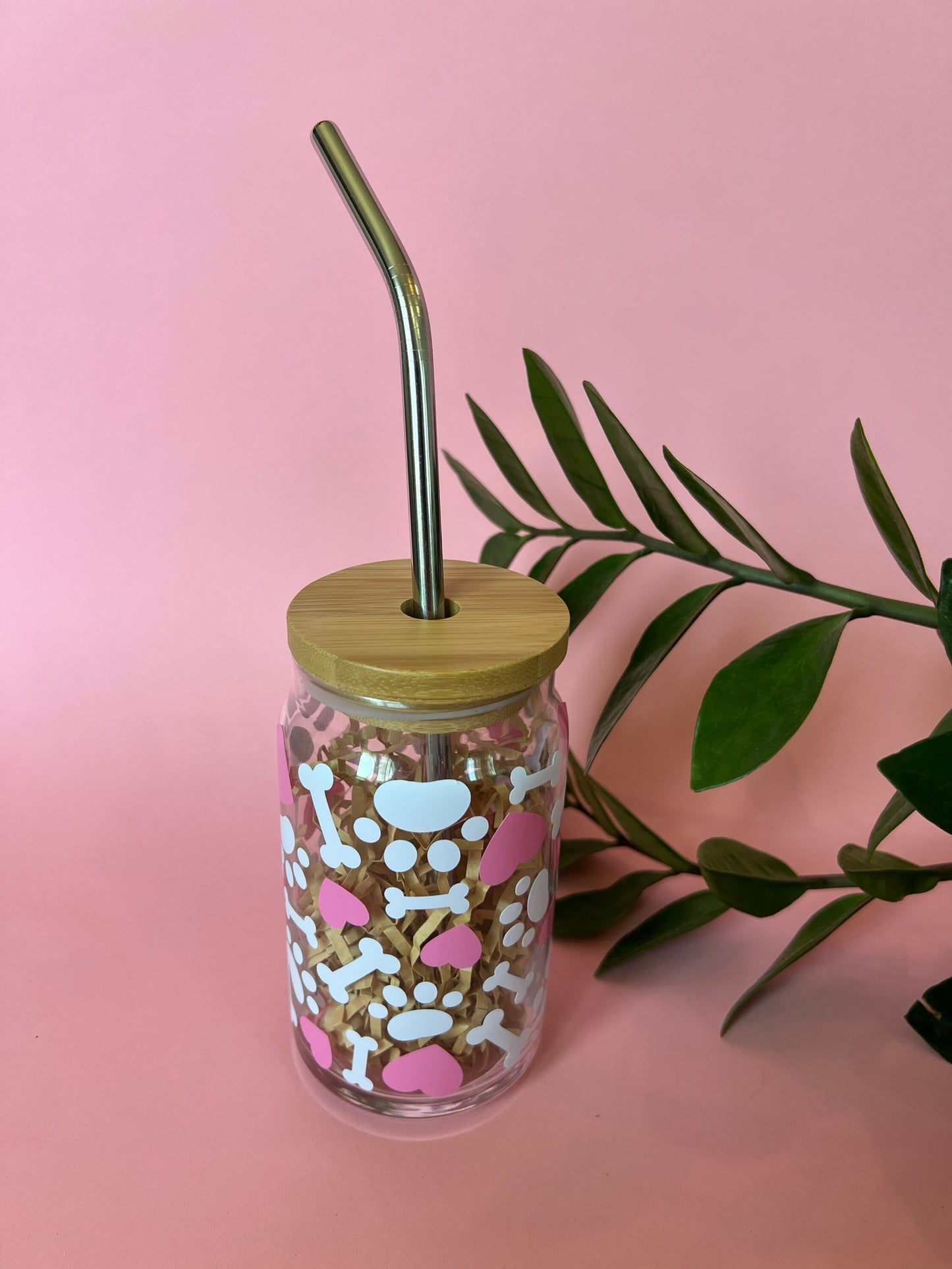 Paw Print and Hearts, Ice Coffee Glass with Bamboo Straw and Lid, Dog Lover, Pet Owner Gifts