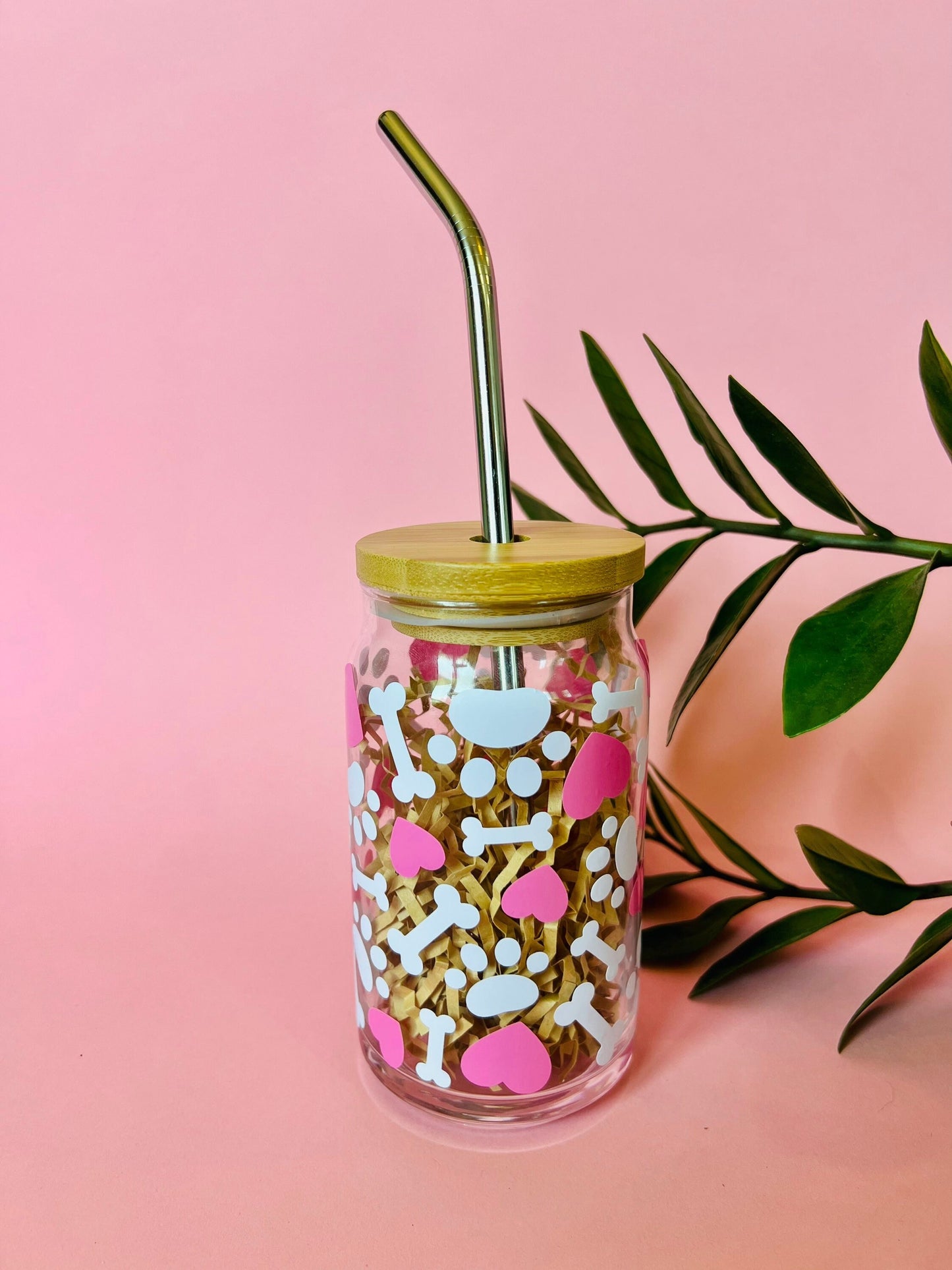 Paw Print and Hearts, Ice Coffee Glass with Bamboo Straw and Lid, Dog Lover, Pet Owner Gifts