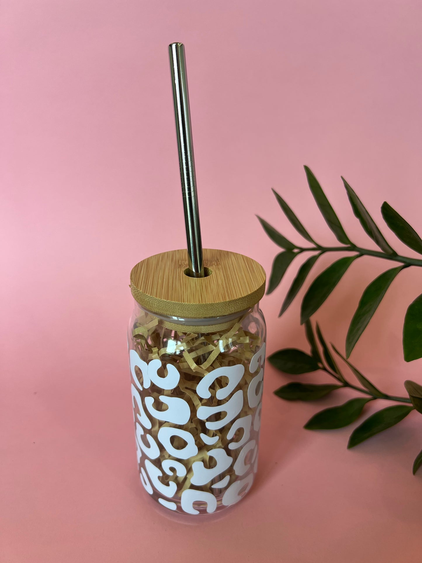 Cheetah Print Clear Glass Coffee Cup with Bamboo Lid and Straw