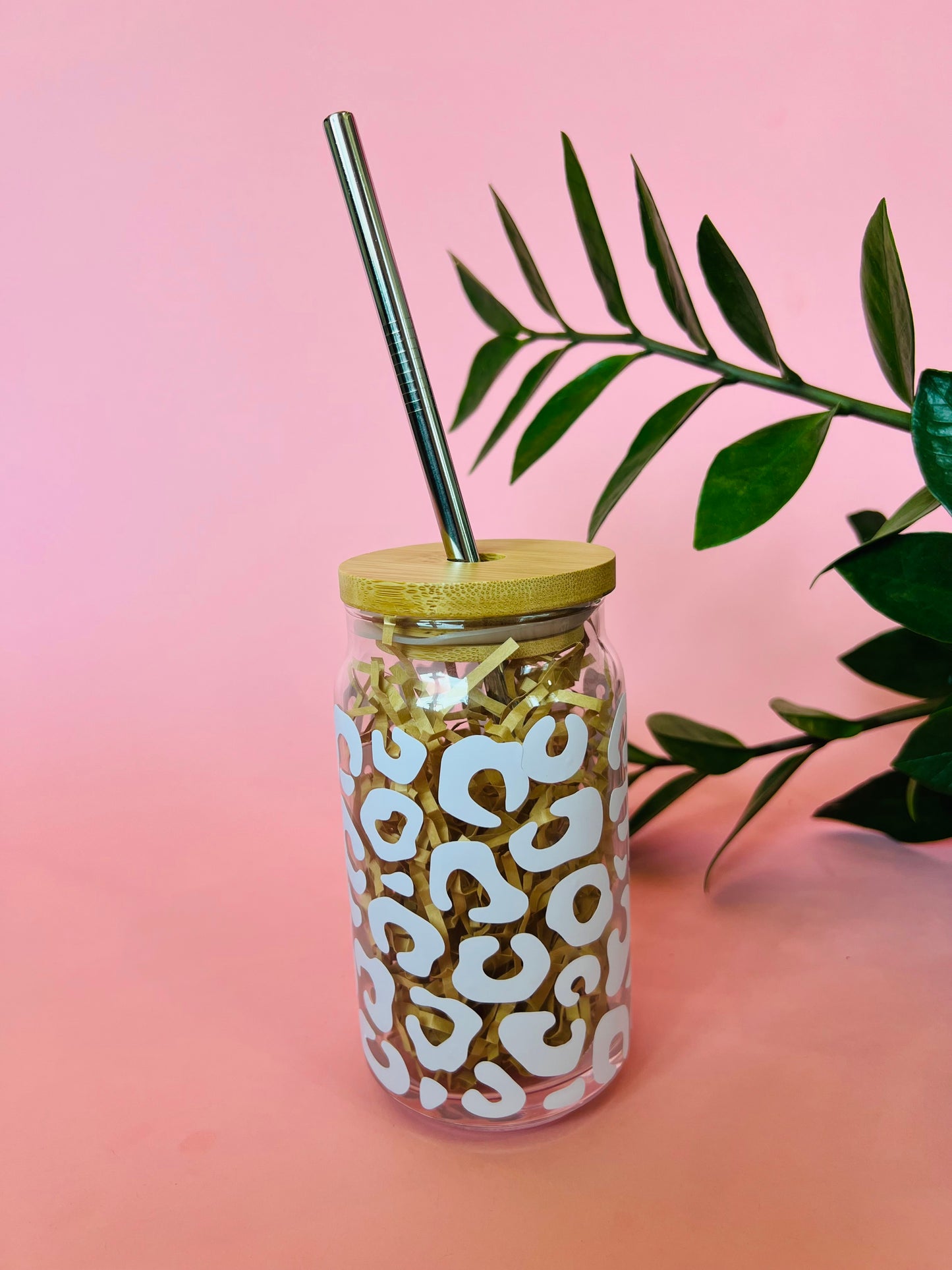 Cheetah Print Clear Glass Coffee Cup with Bamboo Lid and Straw