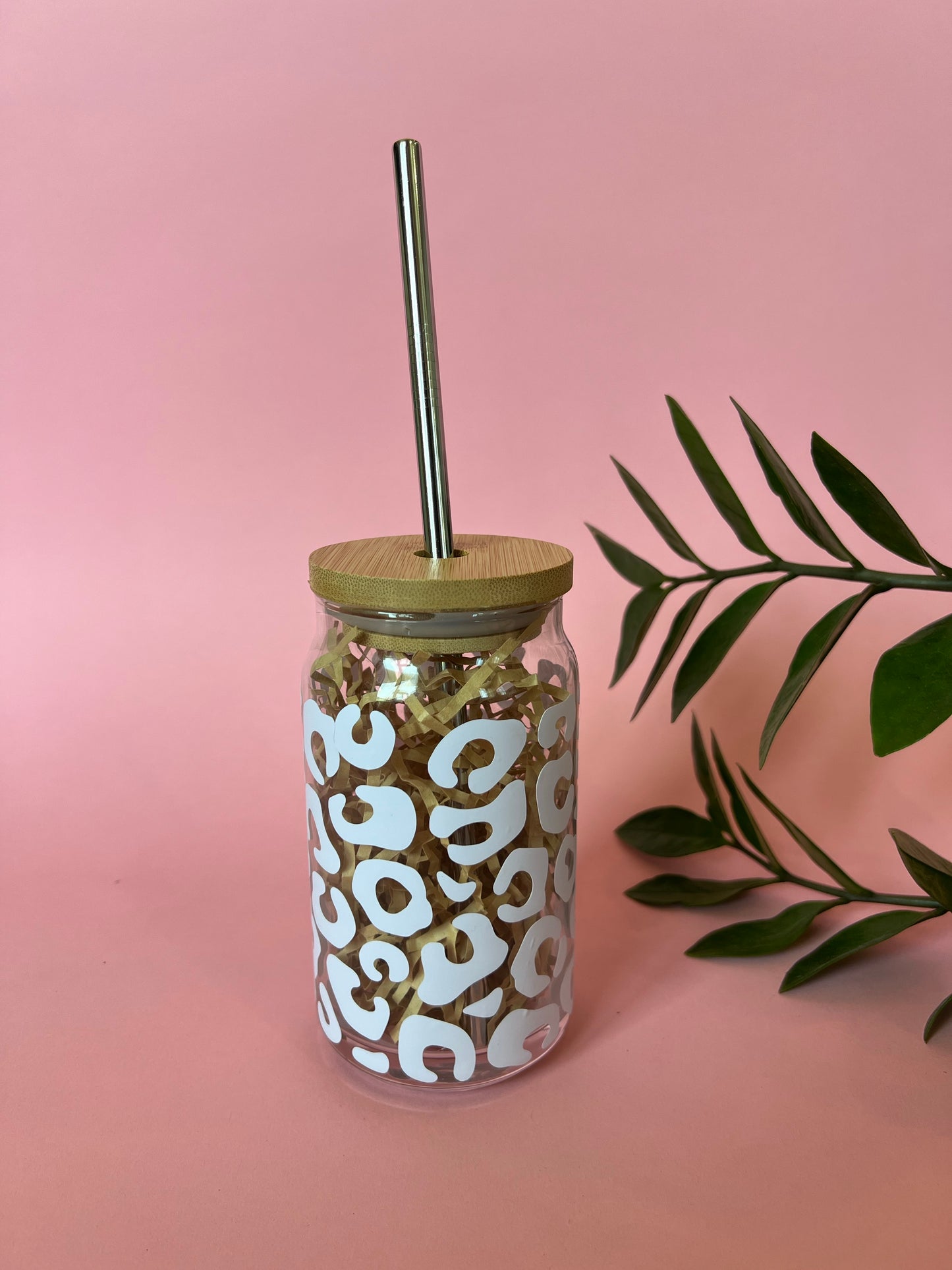 Cheetah Print Clear Glass Coffee Cup with Bamboo Lid and Straw