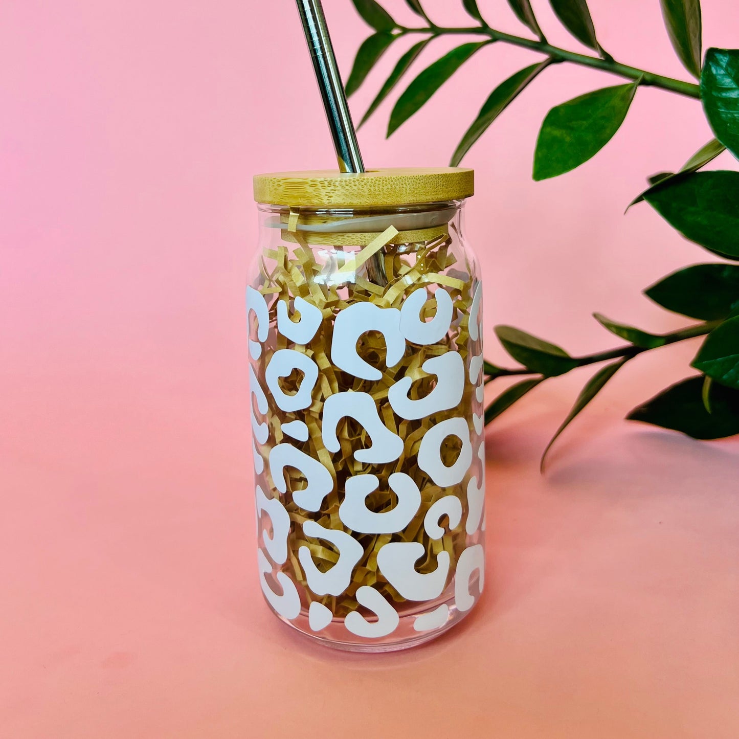 Cheetah Print Clear Glass Coffee Cup with Bamboo Lid and Straw