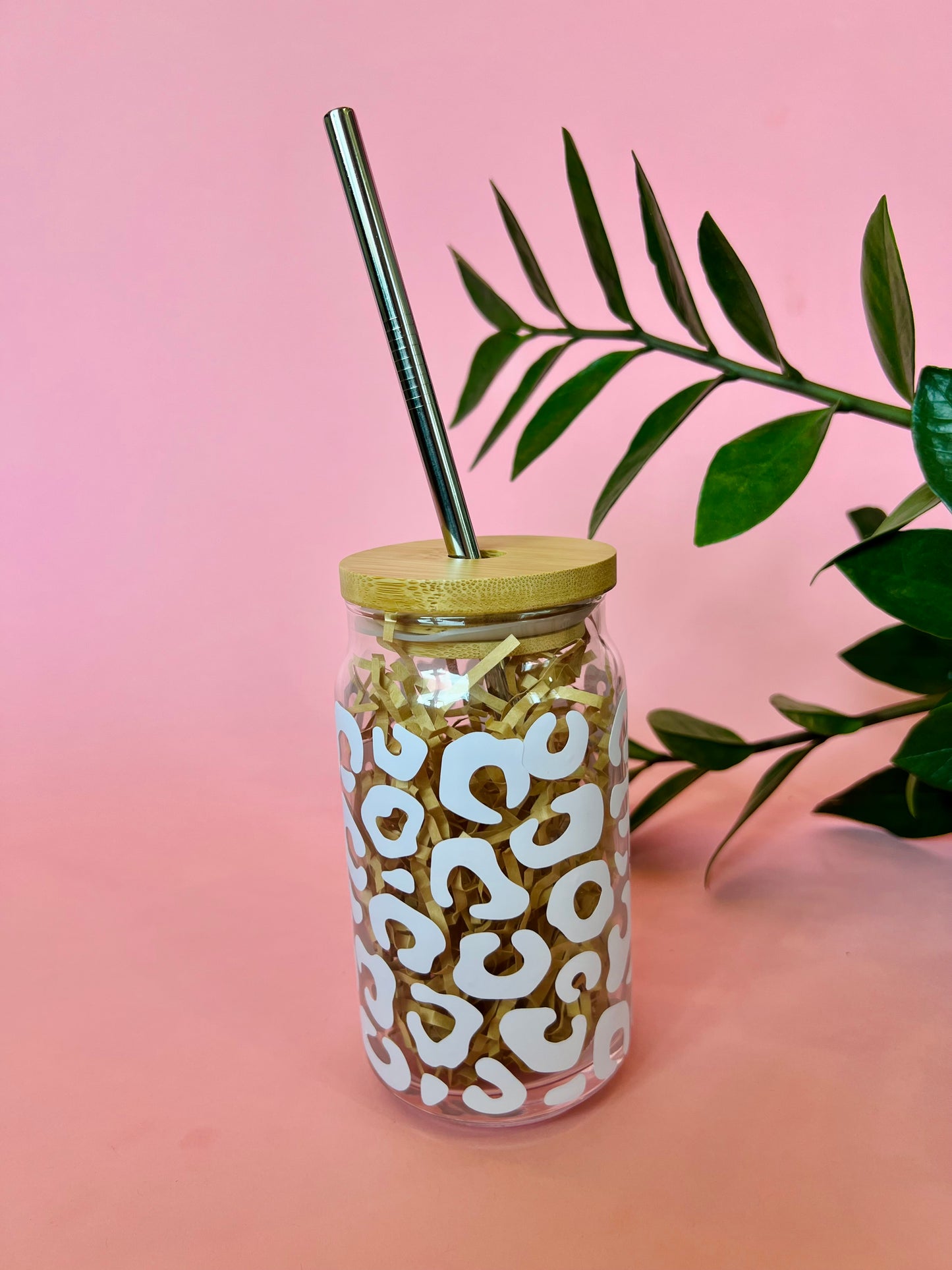 Cheetah Print Clear Glass Coffee Cup with Bamboo Lid and Straw