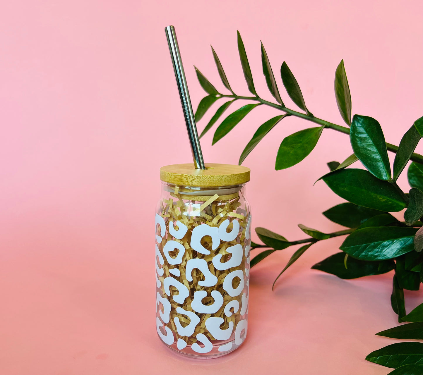 Cheetah Print Clear Glass Coffee Cup with Bamboo Lid and Straw