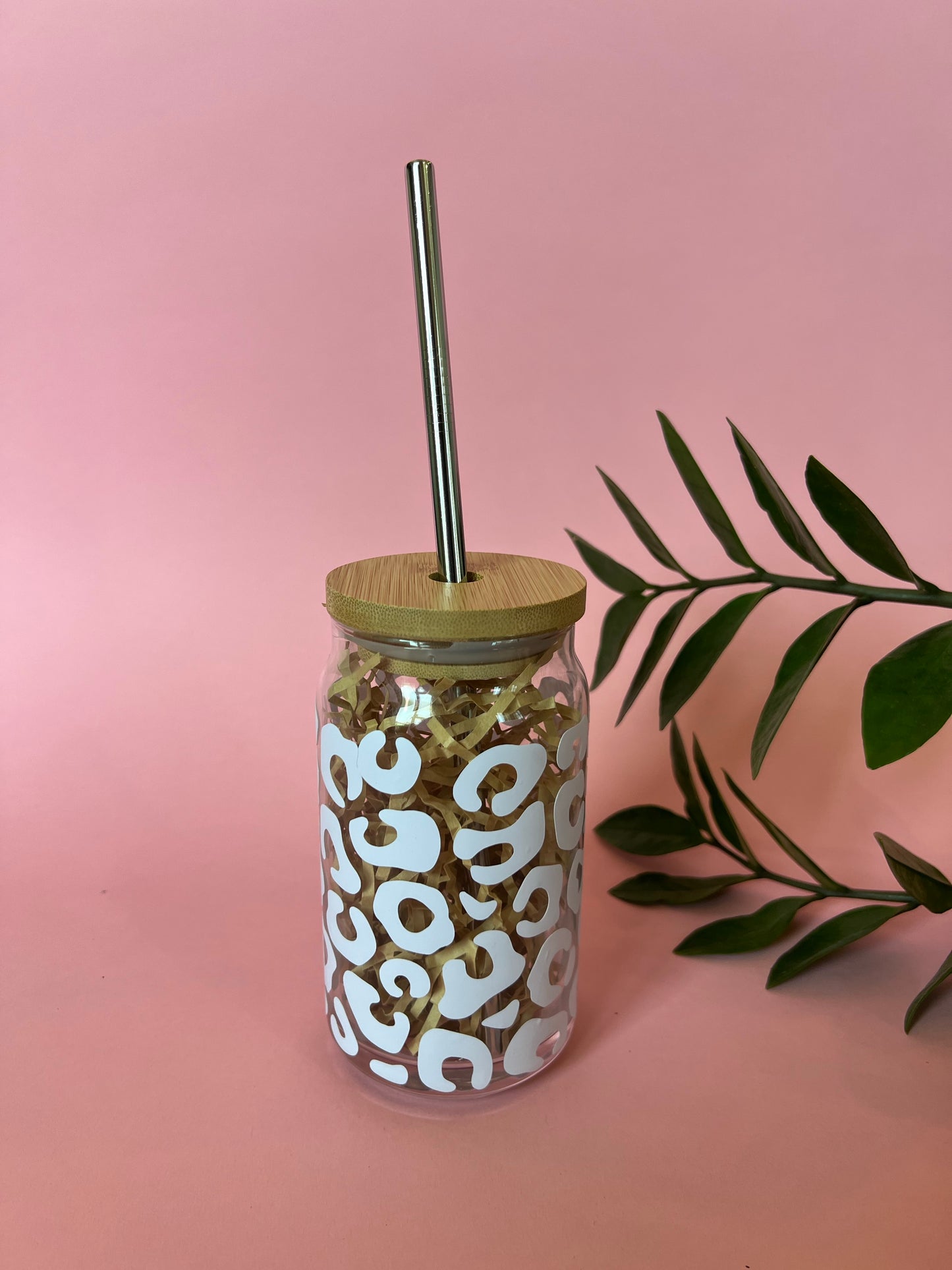 Cheetah Print Clear Glass Coffee Cup with Bamboo Lid and Straw