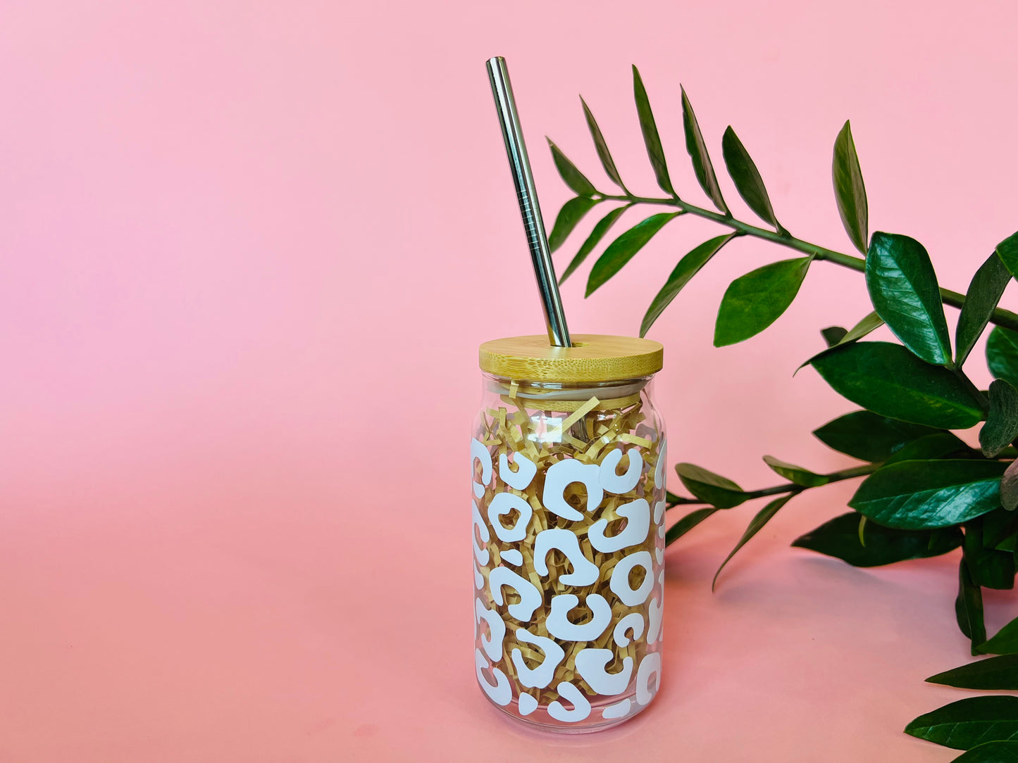 Cheetah Print Clear Glass Coffee Cup with Bamboo Lid and Straw
